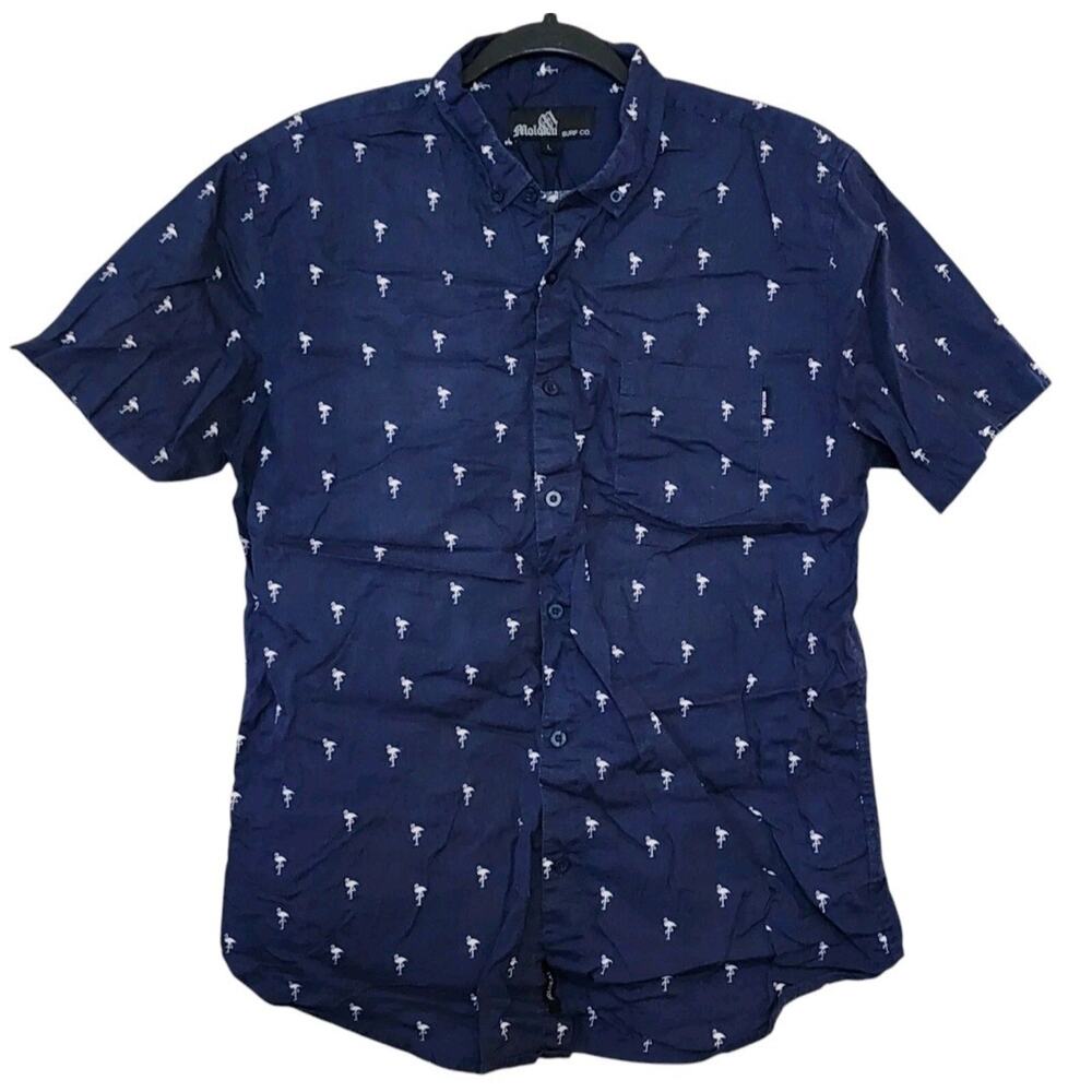 Molokai Surf Co Mens Shirt Size L Blue White Flamingo Short Sleeve Button Down